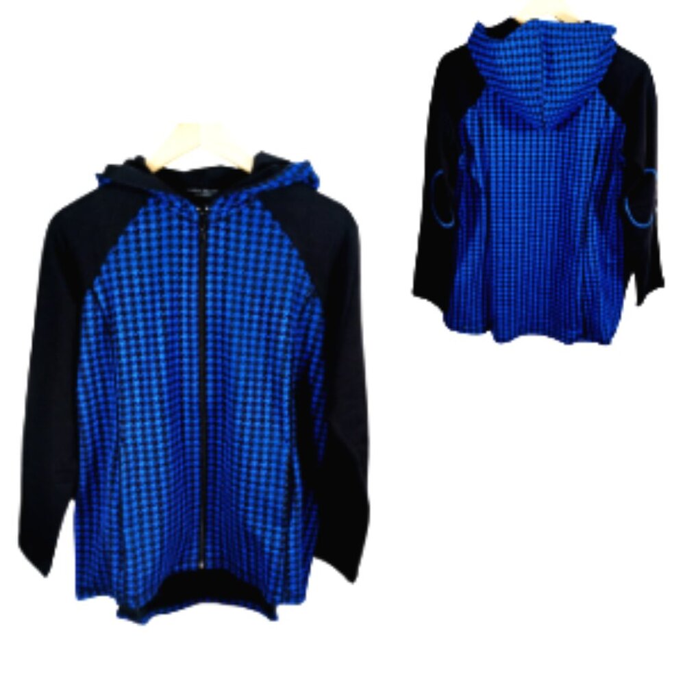 Susan Graver Weekender, Medium Blue & Black Houndstooth, Hooded Zippered Jacket